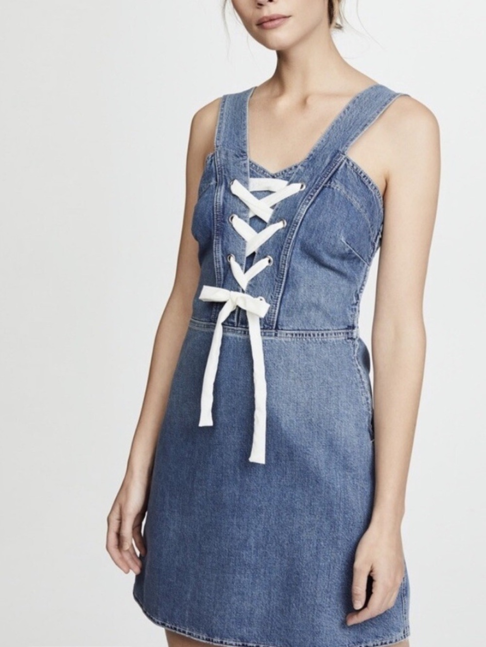 PAIGE Blue Denim Lace-Up Tank Dress with White Ties